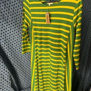 Fanfare Bold Green/Yellow Stripe 3/4 Sleeve Dress NWT